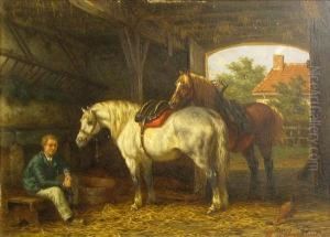 Two Horses And A Figure In A Barn