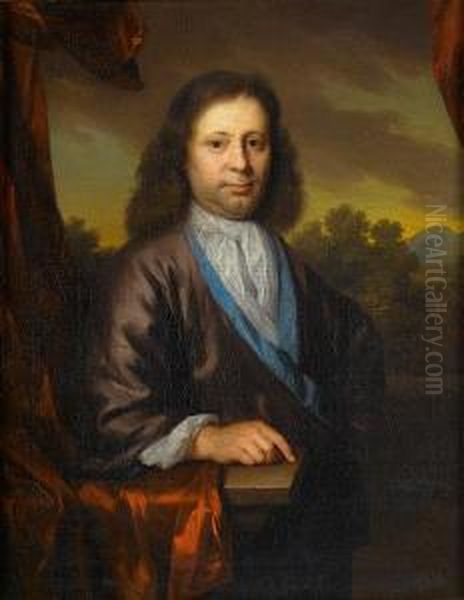 Portrait Of A Gentleman,
Three-quarter-length,in A Violet Coat With A White Cravat, Standing
Beside A Stone Ledgedraped With Red Silk, A View To A Landscape Beyond - view 1