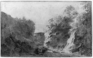 A wooded mountainous Landscape with Travellers near Brussels by Jan de Bisschop
