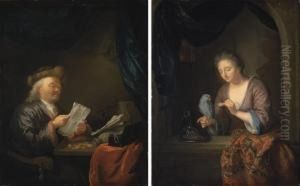 A Moneylender Reading A Letter At A Table With Coins A Moneylender Reading A Letter At A Table With Coins