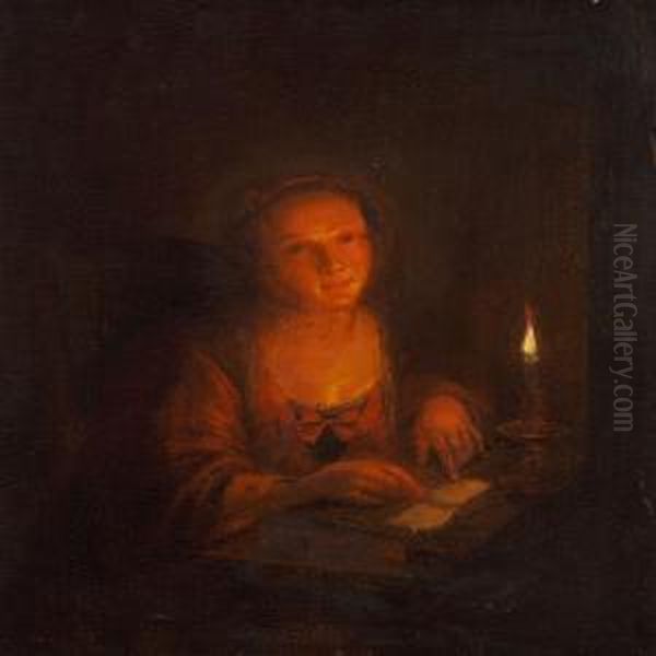 A Girl Reading By Candlelight In An Interior - view 1