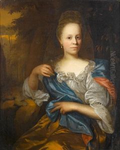 Portrait Of A Lady In A Yellow 
Dress With Awhite Chemise And A Blue Wrap, Seated Before A Landscape