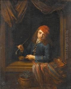 A Young Man In A Blue Coat With A Violinleaning On A Window Ledge Holding A Pipe A Young Man In A Blue Coat With A Violinleaning On A Window Ledge Holding A Pipe