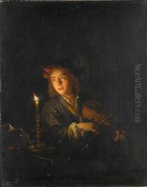 A Youth Playing A Violin By Candlelight - view 1