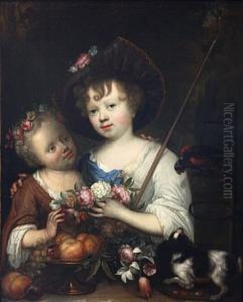 Portrait De Deux Jeunes Enfants,
L'un Avecla Houlette Du Berger, L'autre En Flore, Pres De Leur Petit
Chienet D'un Perroquet - view 1
