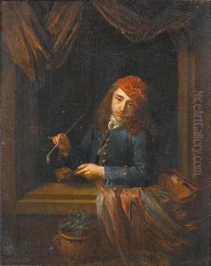 A Young Man In A Blue Coat With A Violin Leaning On A Window Ledge Holding A Pipe