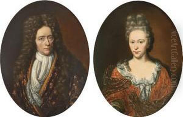 Portrait Of A Gentleman, 
Half-length, In An Embroidered Coat And A White Jabot; And Portrait Of A
 Lady, Half-length, In An Embroidered Red Dress And A Red Wrap - view 1