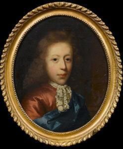 Portrait Of A Young Man, 
Bust-length, In Red Costume With A Blue Silk Wrap And A White Lace Jabot