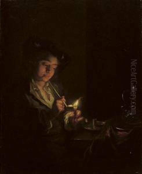 A Candlelit Interior With A Young Man Seated At A Table - view 1