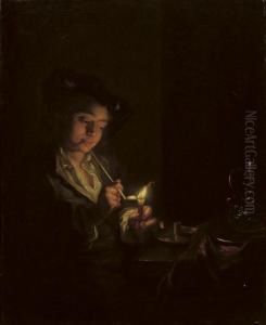 A Candlelit Interior With A Young Man Seated At A Table by Arnold Boonen