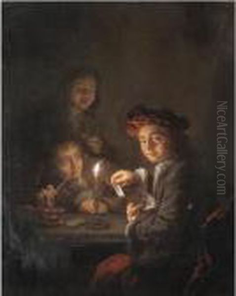 A Candlelit Interior With Boys Playing Cards - view 1