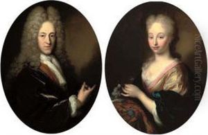 Portrait Of A Gentleman, 
Half-length, In A Gold Embroidered Waistcoat, A Purple Velvet Wrap With 
Chemise, Cravat And A Wig; Portrait Of A Lady, Half-length In A Yellow 
Silk Dress And Blue Velvet Wrap With Her Dog by Arnold Boonen