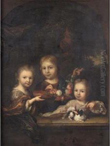 Portrait Of Three Children, Said
 To Be Joan, Agathea Lavina And Anna Elisabeth Geelvinck, One Holding A 
Bowl, Another A Flower Wreath And The Smallest Stroking A Dog, In A 
Stone Niche, A Landscape Beyond