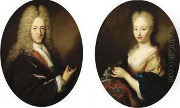 Portrait Of A Gentleman, 
Half-length, In A Gold-embroideredwaistcoat, A Purple Velvet Cloak With 
Chemise, Cravat And A Wig;and Portrait Of A Lady, Half-length, In A 
Yellow Silk Dress And Ablue Velvet Mantle, Her Pet Dog On A Draped Table
 At Her Si - view 1