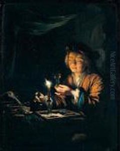 A Candlelit Interior, With A Young Man Seated At A Table, Holding A Roemer by Arnold Boonen