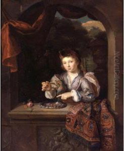 Portrait Of A Young Man Holding A Parrot With A Landscape Beyond by Arnold Boonen