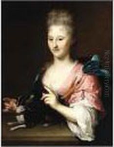 A Portrait Of A Lady, Standing Half Length, Wearing A Pink And White by Arnold Boonen
