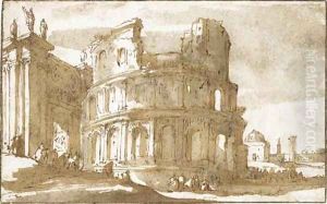 Figures by a ruined Roman building by Jan de Bisschop
