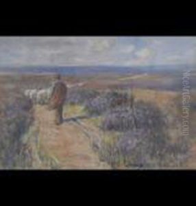 Shepherd With Sheep On A Moorland Track by James William Booth