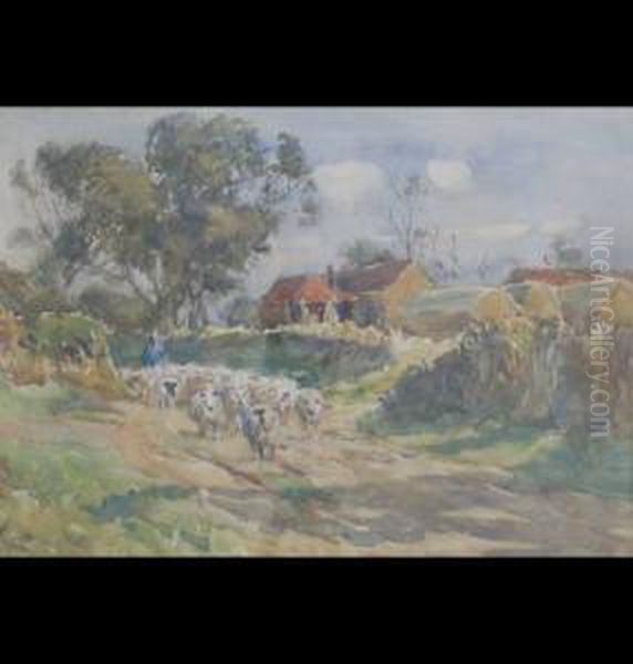 Sheep On A Village Lane With Shepherd - view 1