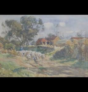 Sheep On A Village Lane With Shepherd by James William Booth