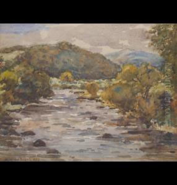 Yorkshire River Landscape With Trees And Hills In The Distance - view 1