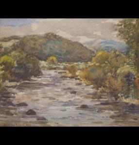 Yorkshire River Landscape With Trees And Hills In The Distance by James William Booth
