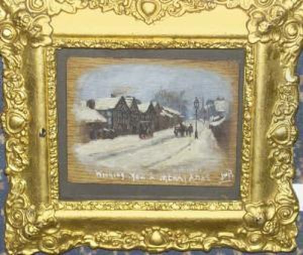 R.cam.a., R.c.a. "middleton",
Street Scene With Figures In Winter Signed With The Artist's Initials
And Inscribed "middleton", Also Inscribed "wishing You A Merry Xmas" - view 1