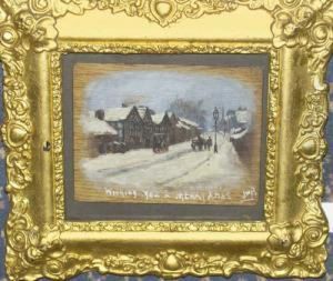 R.cam.a., R.c.a. "middleton", 
Street Scene With Figures In Winter Signed With The Artist's Initials 
And Inscribed "middleton", Also Inscribed "wishing You A Merry Xmas" by James William Booth