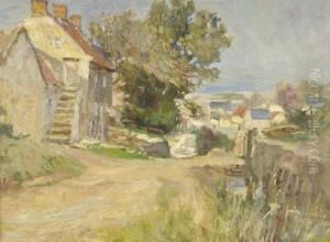 R.cam.a., R.c.a. Cottages 
Beside A Lane Leading Down To The Sea, Possibly A View At Staithes Or 
Runswick Bay Signed And Indistinctly Dated by James William Booth