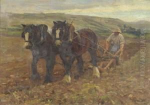 R.cam.a., R.c.a. "ploughing",
Farmer And Two Shire Horses Ploughing A Furrow, Landscape Beyond Signed,
Also Inscribed With The Title Of The Work And The Artist's Name On A
Plaque Attached To The Frame, Together With The Inscription "exhibited
Roya by James William Booth