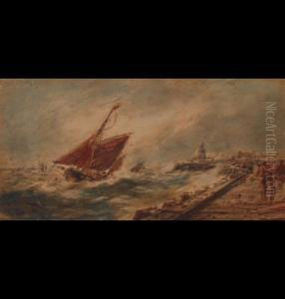 Fishing Boats In Rough Seas,figures On The Pier - view 1