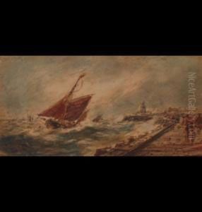 Fishing Boats In Rough Seas,figures On The Pier by Frederick William Booty