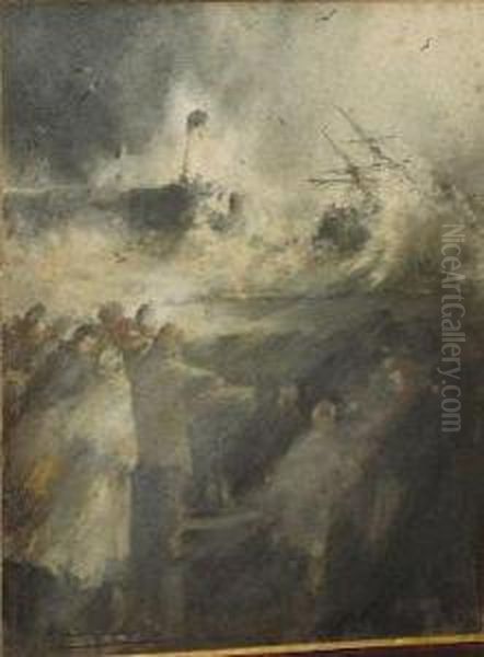 A Wreck Off Whitby Pier With Figures Looking On - view 1