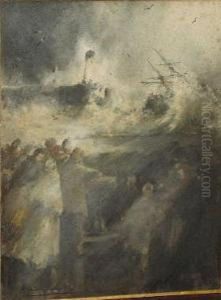 A Wreck Off Whitby Pier With Figures Looking On