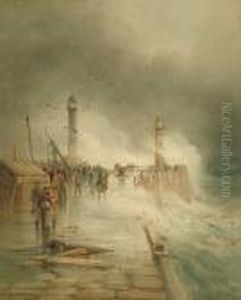 Whitby Pier With Fisherfolk And Other Figures by Frederick William Booty