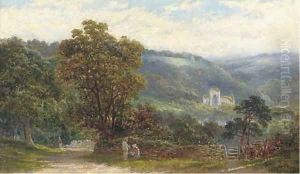 Figures by a beaten track, an abbey ruin beyond by Thomas Banks