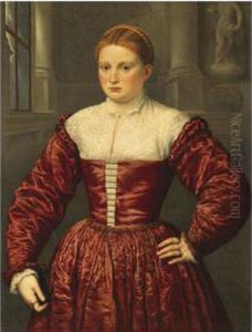 Portrait Of A Lady,
Traditionally Believed To Be Of The Fuggerfamily, Standing Three-quarter
Length Within A Palace Interior,wearing A Crimson Satin Dress And
Holding A Prayer-book In Herright Hand by Paris Bordone
