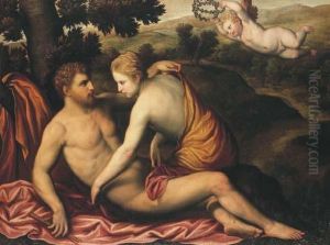 Un Berger Et Une Nymphe Couronnes Par Cupidon by Paris Bordone