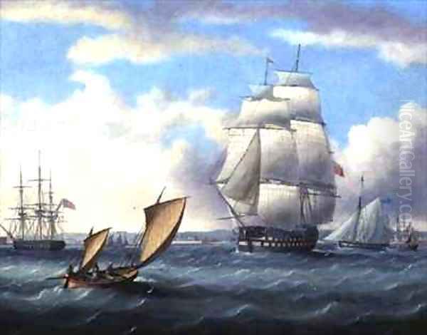 'Euryalus' (Capt. Blackwood), 'Thunderer' and 'Ajax' leaving Plymouth on the way to Cadiz and the Battle of Trafalgar (1805), Lugger in the foreground - view 1