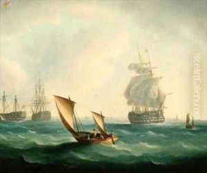 British Men-o'-war and a Hulk in a Swell, a Sailing Boat in the Foreground by Thomas Buttersworth