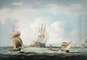 A First Rate with a Vice Admiral of the White Board and other Craft in Cadiz Bay by Thomas Buttersworth