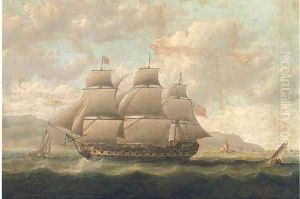 A Royal Naval three-decker running past a Spanish fortress during the Napoleonic blockade by Thomas Buttersworth