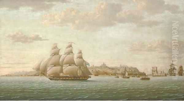 Captain Lord Cochrane's frigate Pallas leaving the Tagus under full sail, the city of Lisbon beyond and the Belem Tower receding astern - view 1