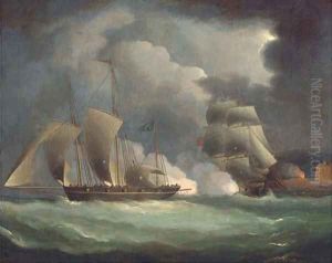 A British man-o'war engaging a pirate lugger off the coast by Thomas Buttersworth