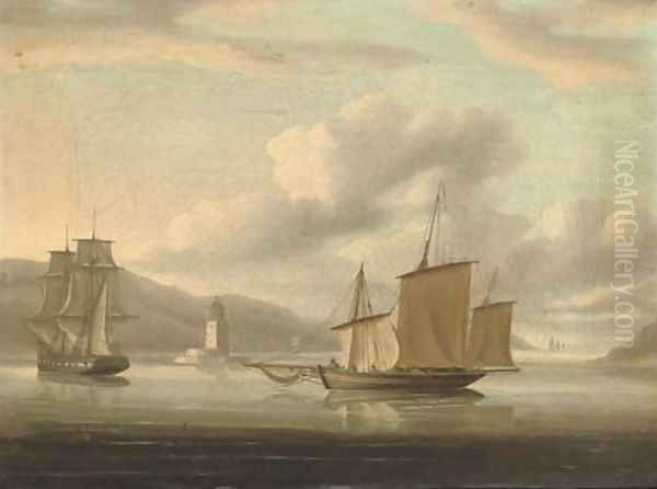 A Royal Naval frigate towing a lugger past the Belem Tower with the fleet standing out to sea - view 1