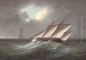 An armed lugger heeling in the breeze off the Eddystone lighthouse by Thomas Buttersworth