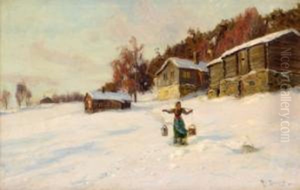 Kvinne Ved Gard I Vinterlandskap - view 1