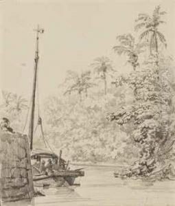Jonque Au Bord D'un Rivage Plante De Palmiers by Auguste Borget