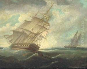 A British frigate heeling in the breeze by Thomas Buttersworth